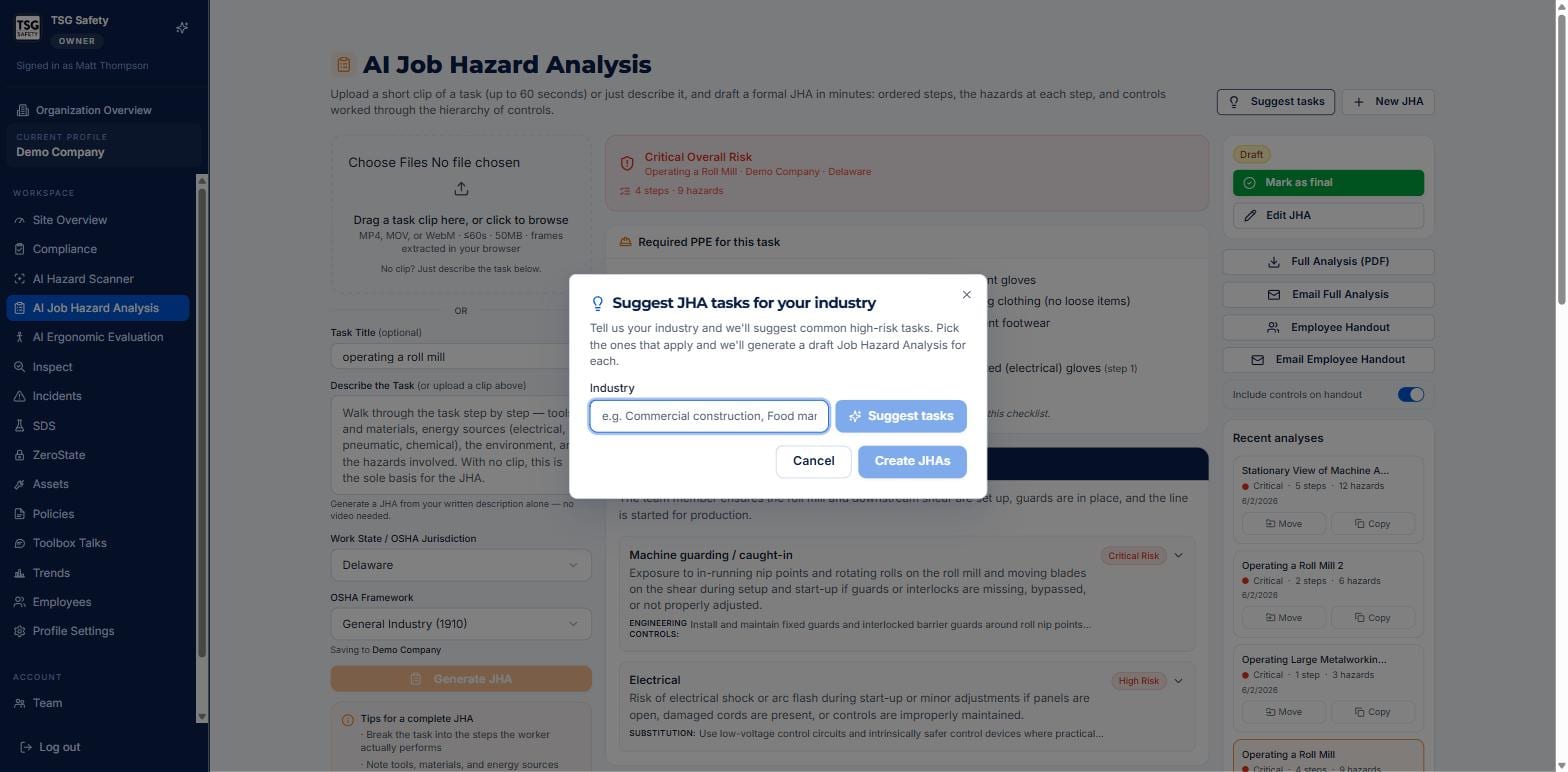 Suggest JHA tasks dialog asking for an industry to propose common high-risk tasks
