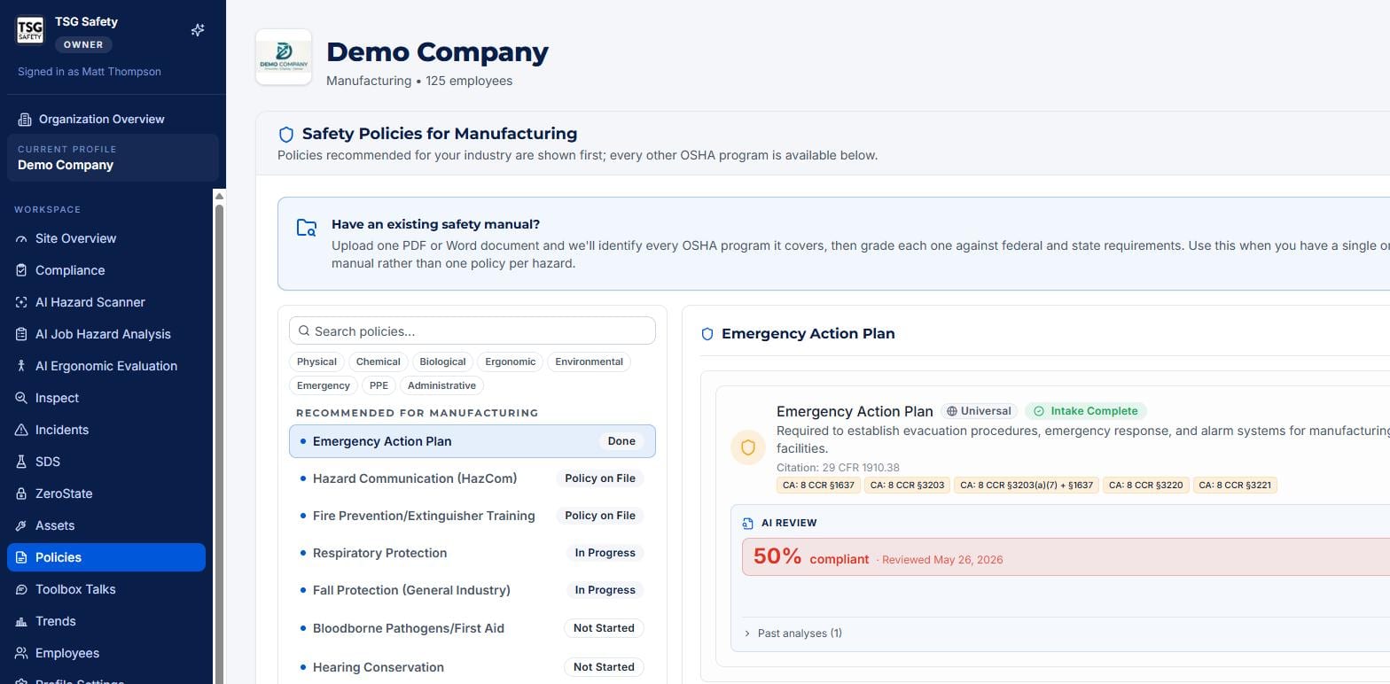 Policies library with recommended programs on the left and a policy detail on the right