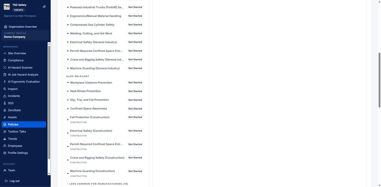 A long list of OSHA programs each showing a Not Started status
