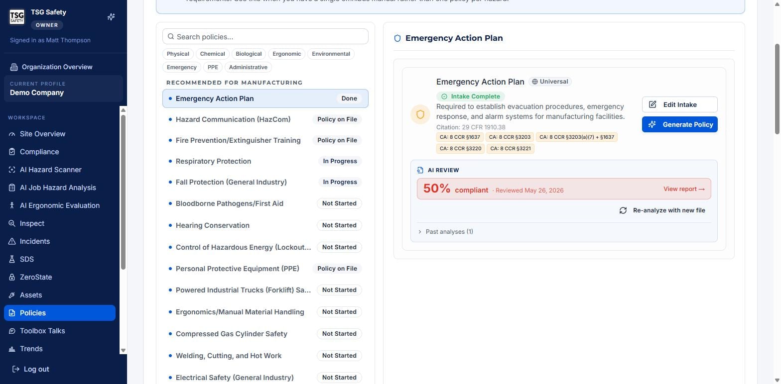 A policy detail showing citation, AI compliance review percentage and a view report link