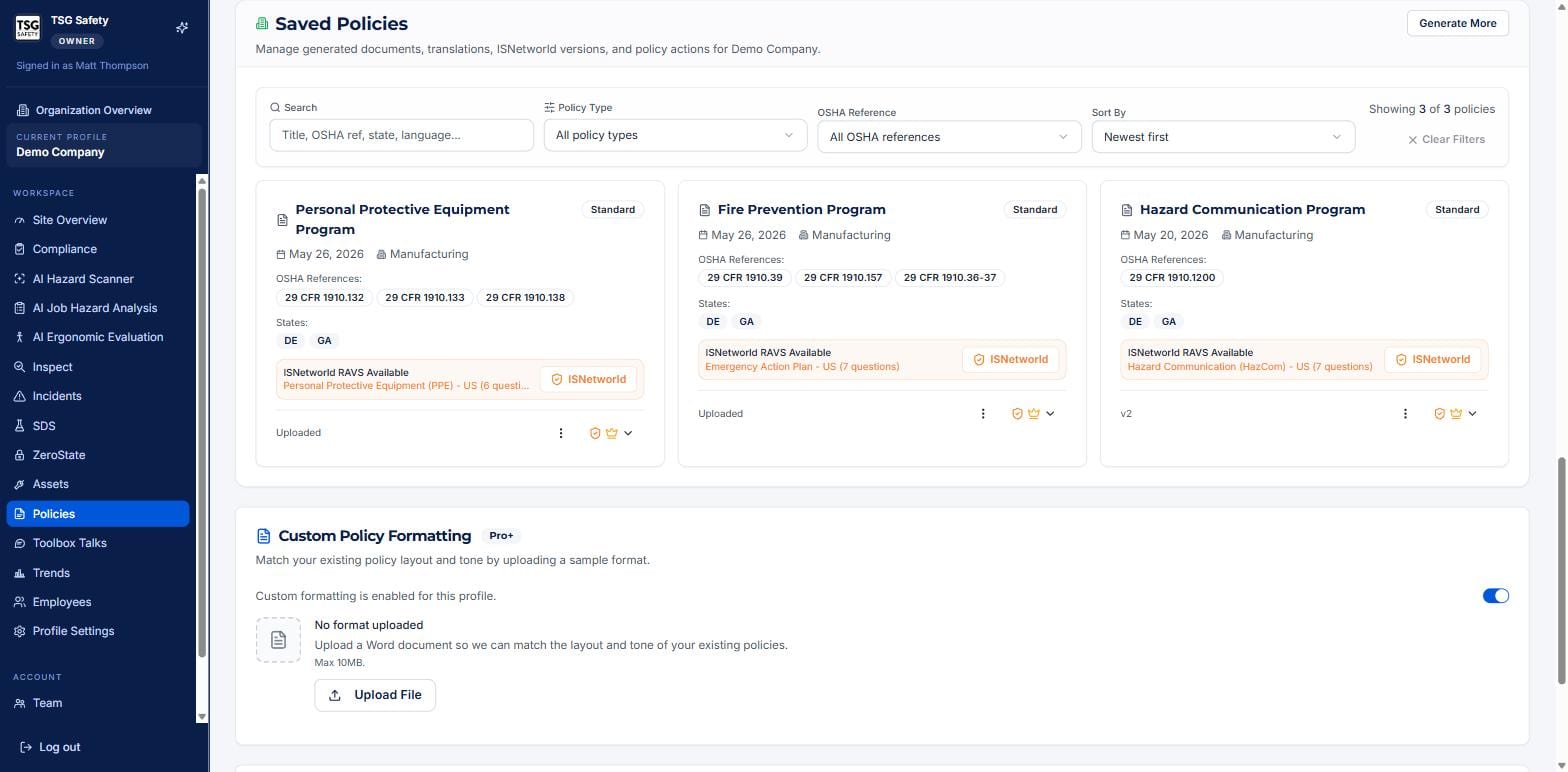 Saved policies as cards with OSHA references, states and ISNetworld availability