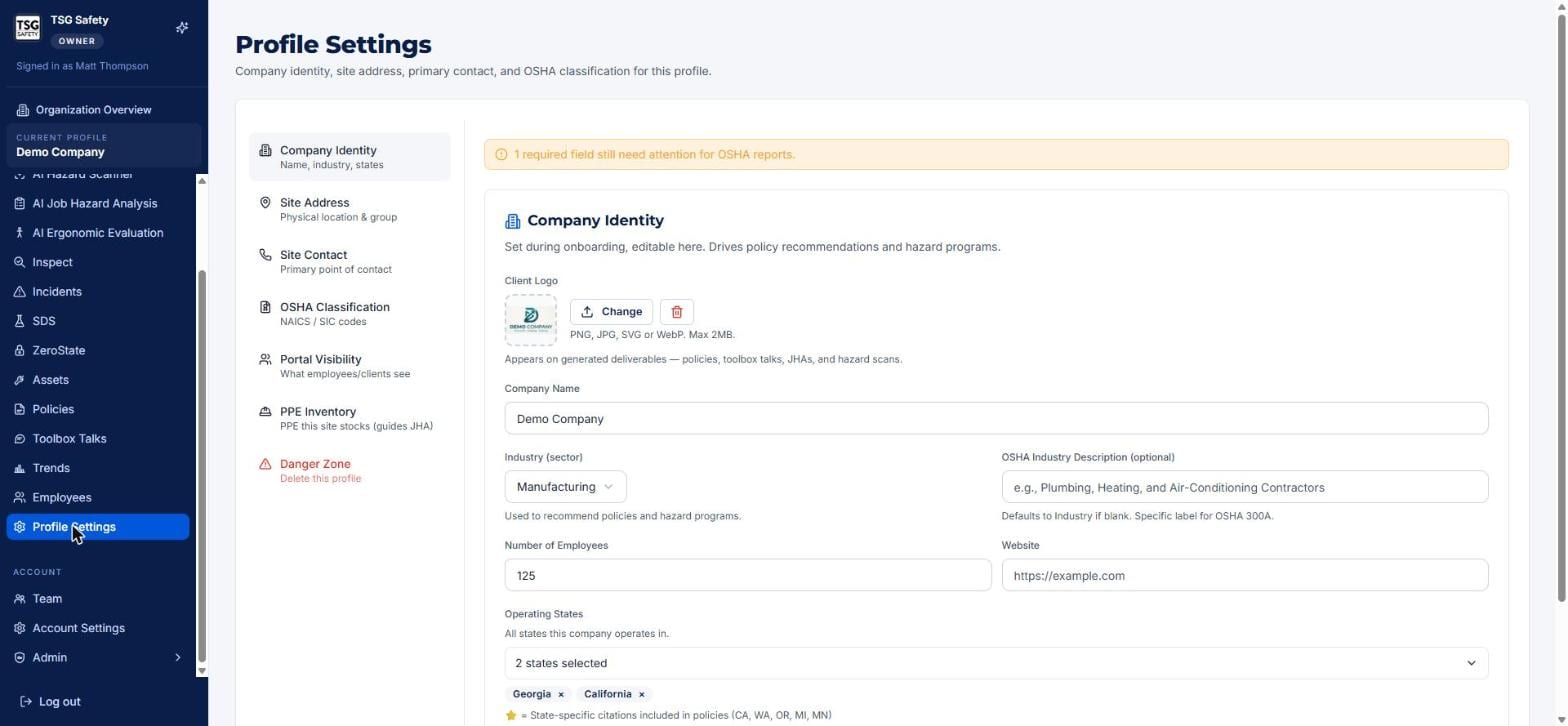Profile Settings with a section menu on the left and the Company Identity form on the right