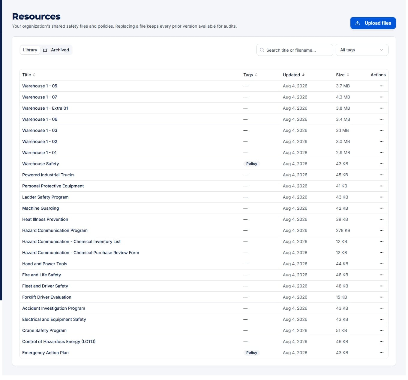 Resource library table with document titles, tags, updated dates, and sizes