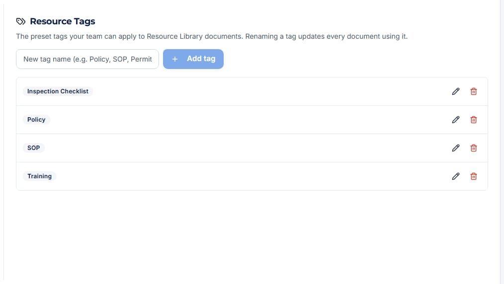 Resource Tags manager in account settings with four preset tags