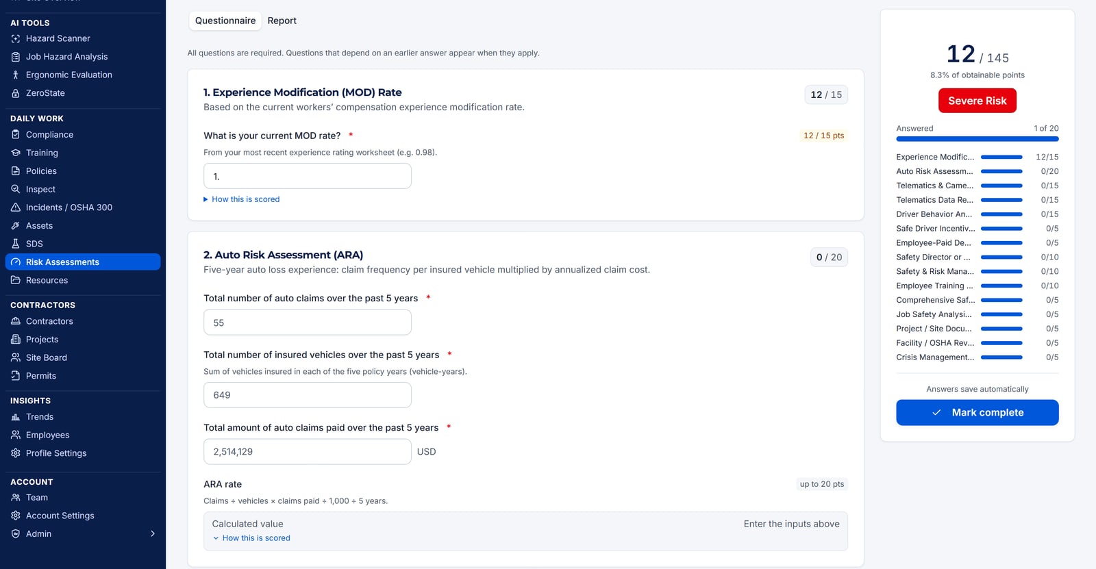 Risk assessment workspace with scored questions, the running score out of the obtainable total, a rating badge, the per-category breakdown and an autosave note