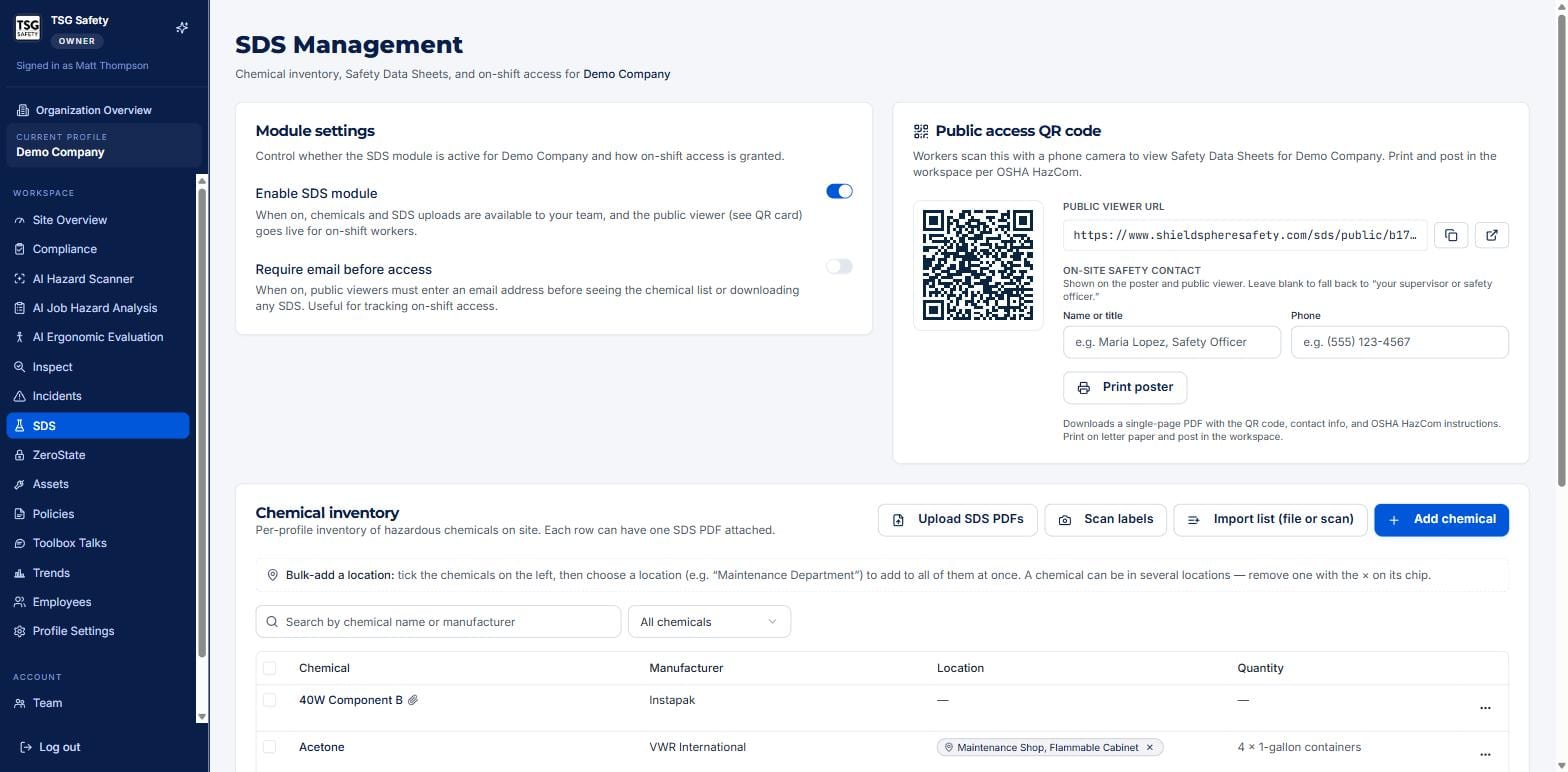 SDS Management settings with the enable toggle, email requirement, and public access QR code panel