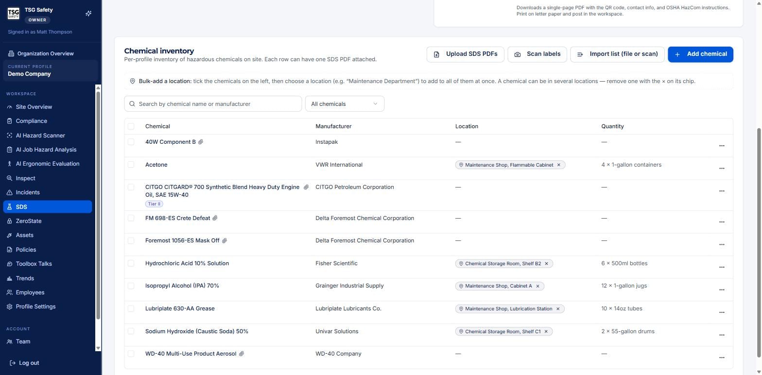 Chemical inventory list with manufacturer, location chips and quantity for each chemical