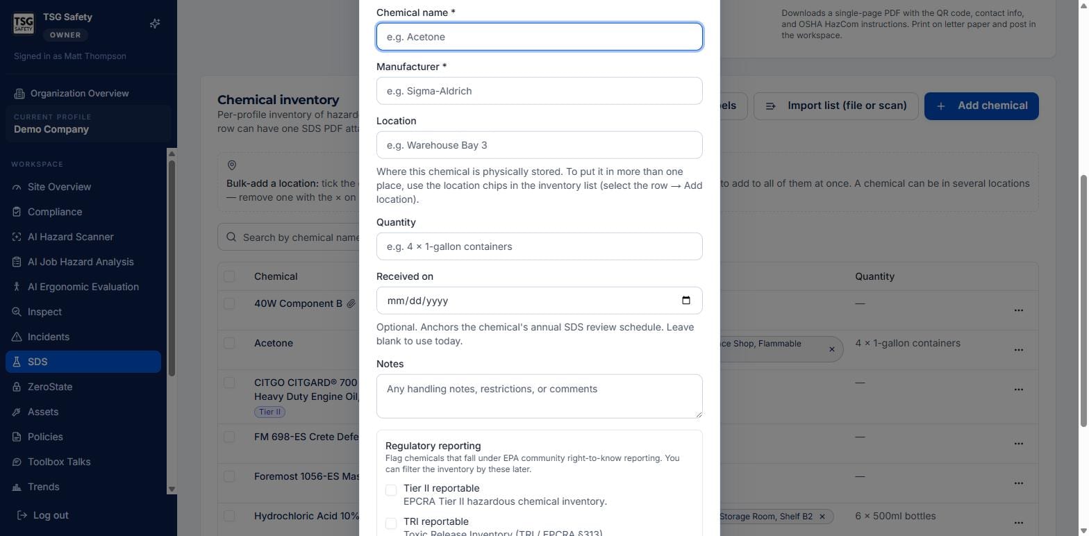 Add chemical form with name, manufacturer, location, quantity, received date, notes and regulatory reporting flags