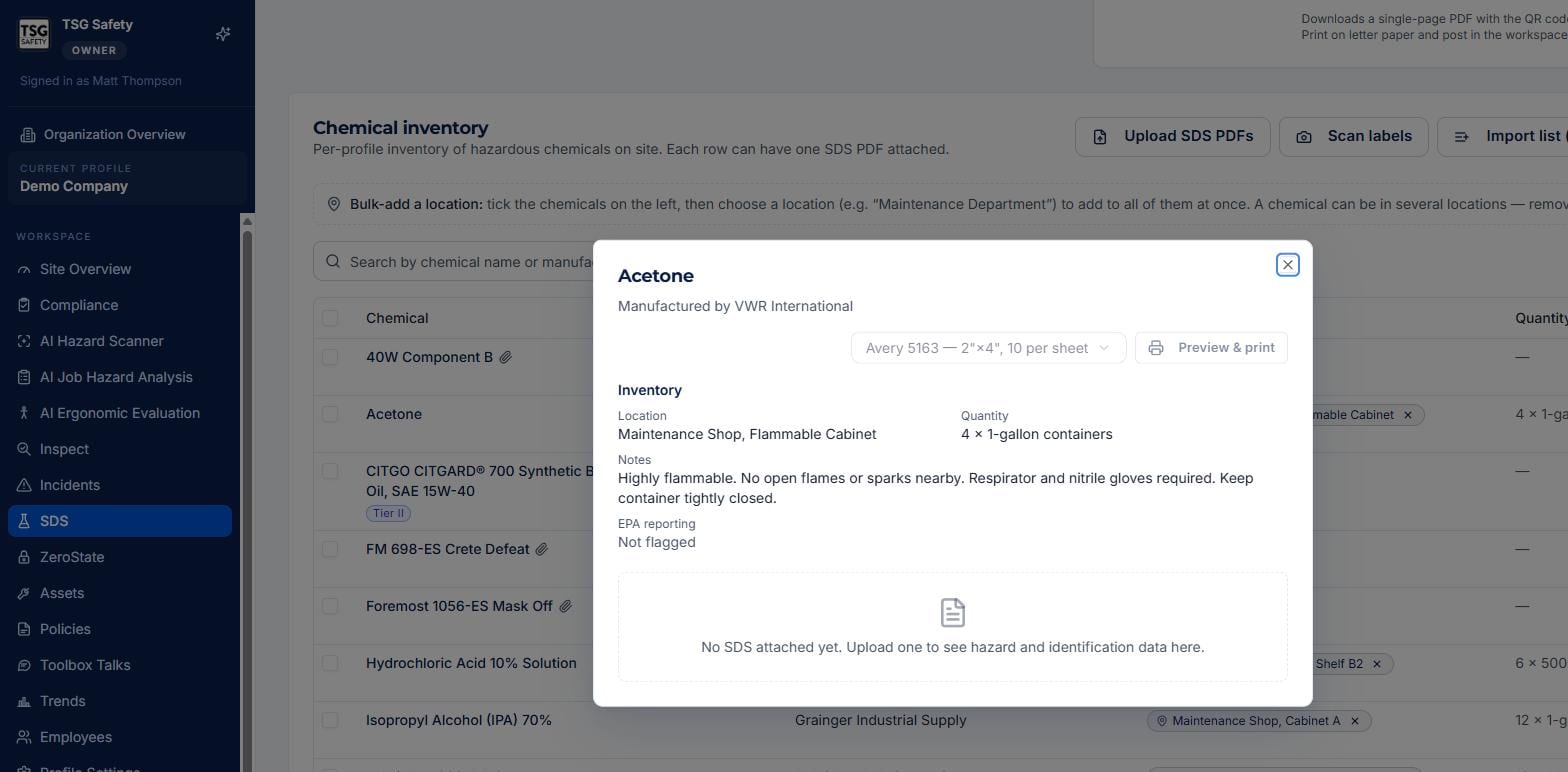 Chemical detail dialog with inventory, notes, EPA reporting, label printing and SDS attachment area