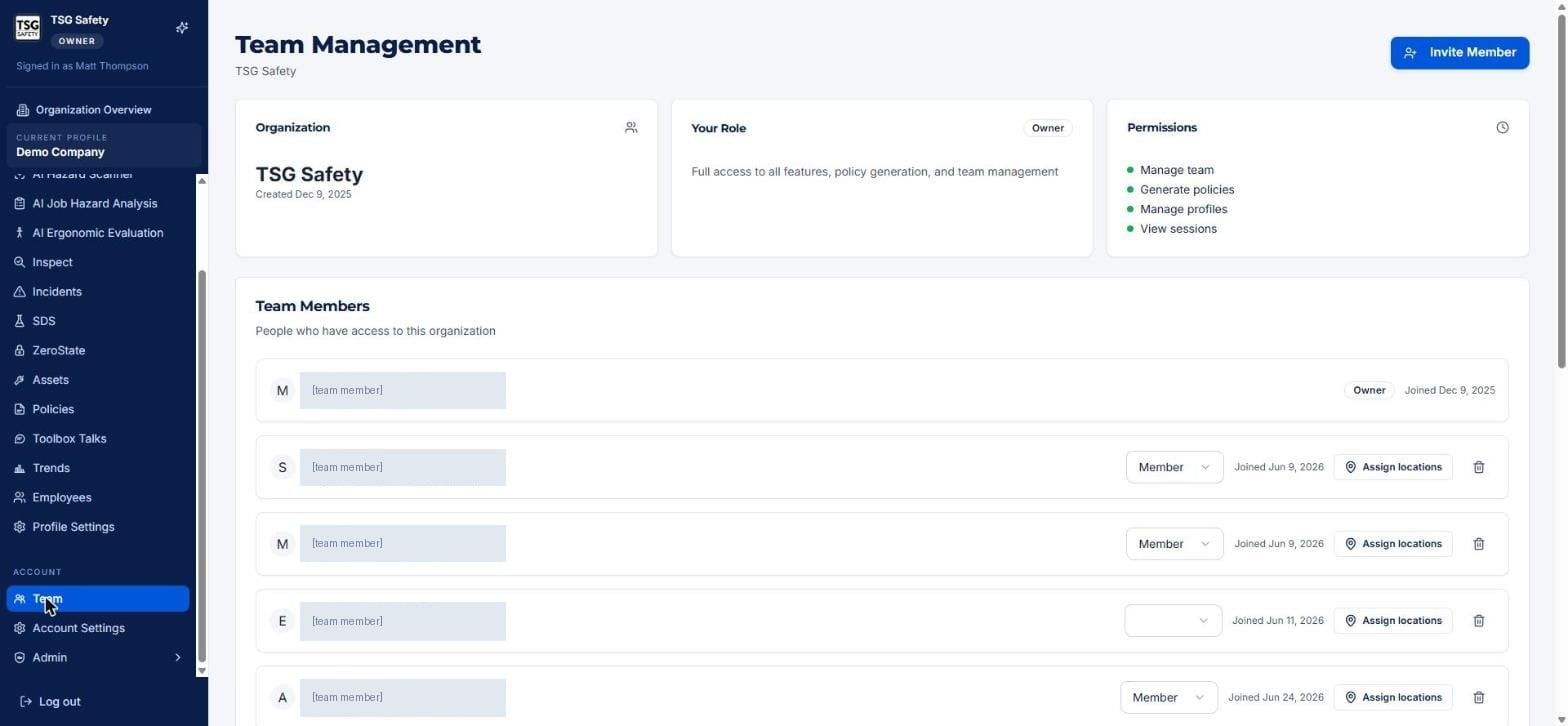 Team Management page with organization, your role, permissions, and a list of team members with roles and actions