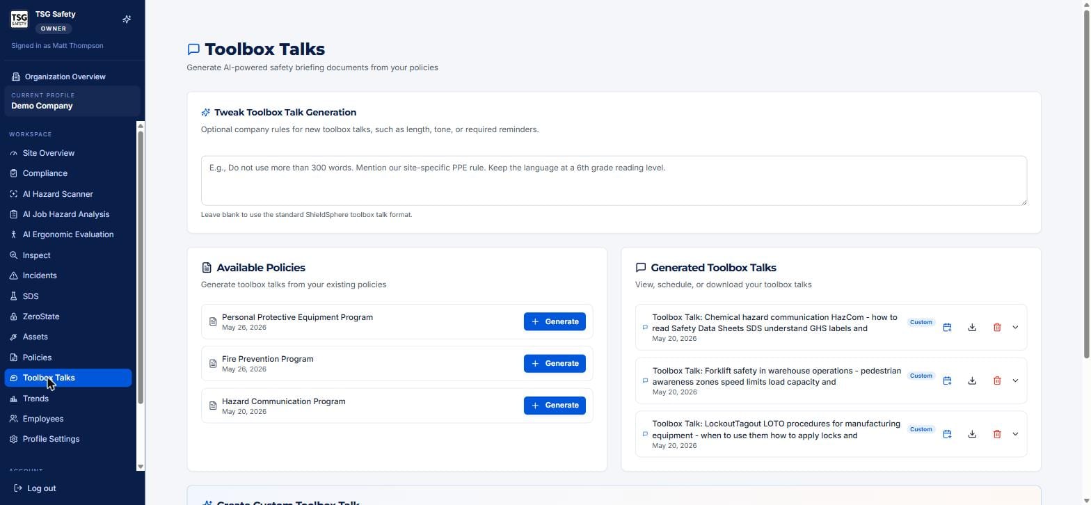 Toolbox Talks home with generation rules, available policies to generate from, and generated talks