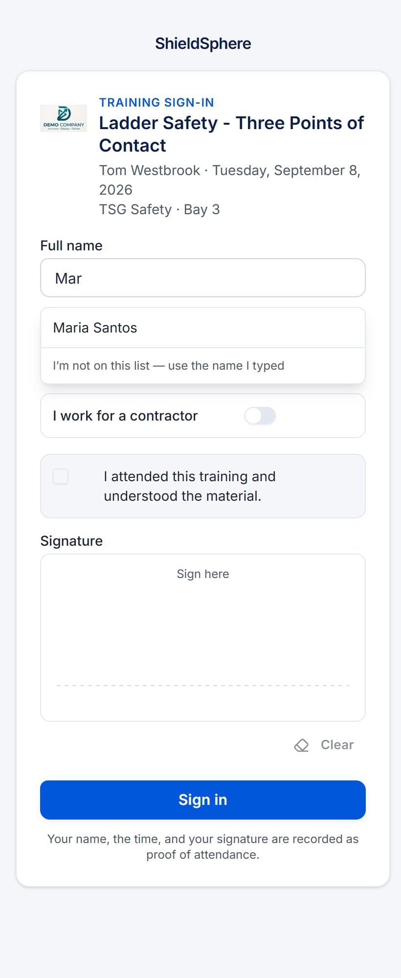 Public training sign-in page on a phone showing the roster type-ahead suggesting a matching name, the not-on-this-list escape, the contractor toggle, the attestation and the signature pad