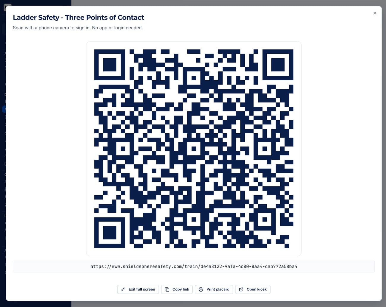 The sign-in QR shown full screen with the public URL beneath it and buttons for exit full screen, copy link, print placard and open kiosk