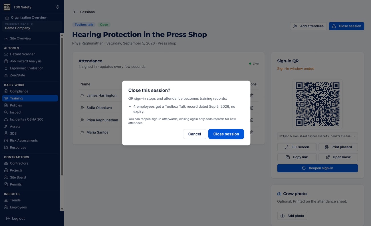 Close this session dialog stating that QR sign-in stops and attendance becomes training records, naming how many employees get a record and on what date