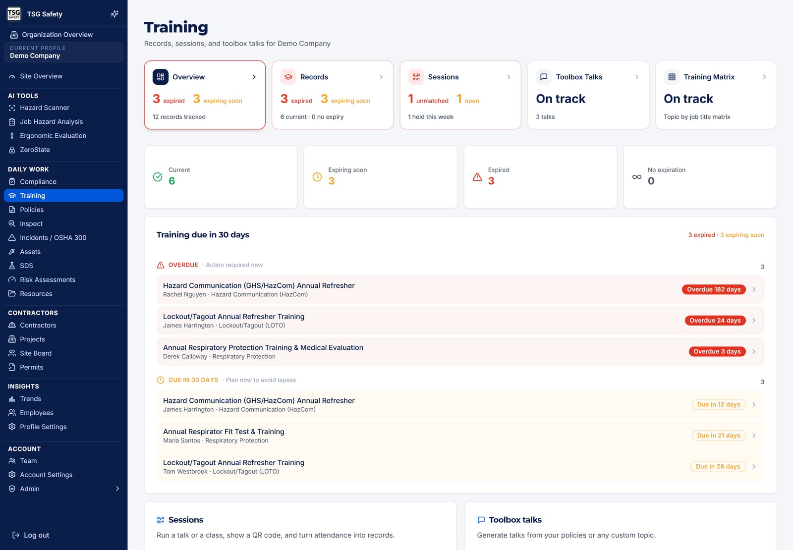 Training module Overview tab with stat tiles for current, expiring soon, expired and no expiration, and tabs carrying count badges