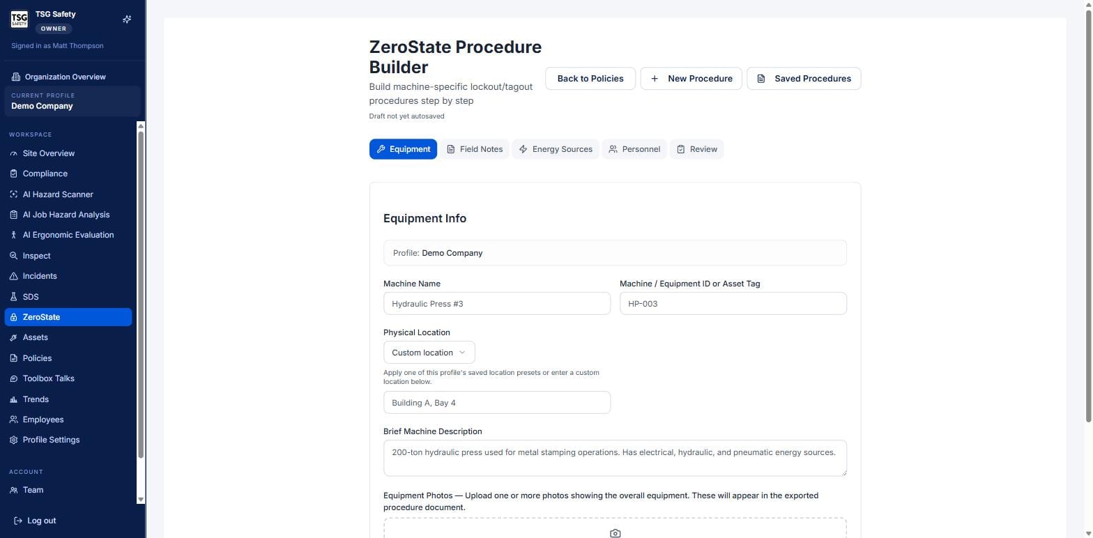 ZeroState Procedure Builder on the Equipment step with machine name, ID and location fields