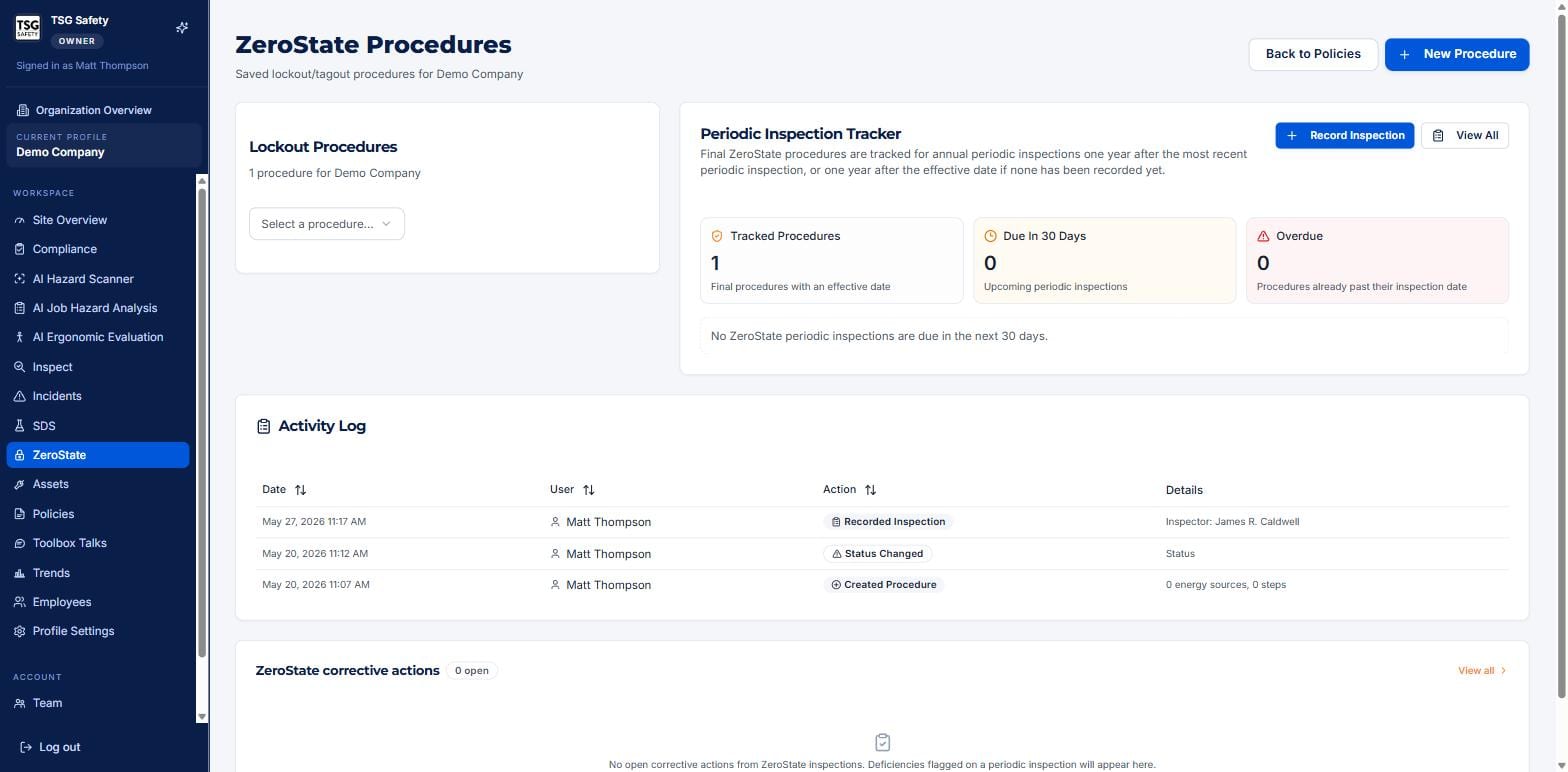 ZeroState home with the procedure selector, periodic inspection tracker, and activity log