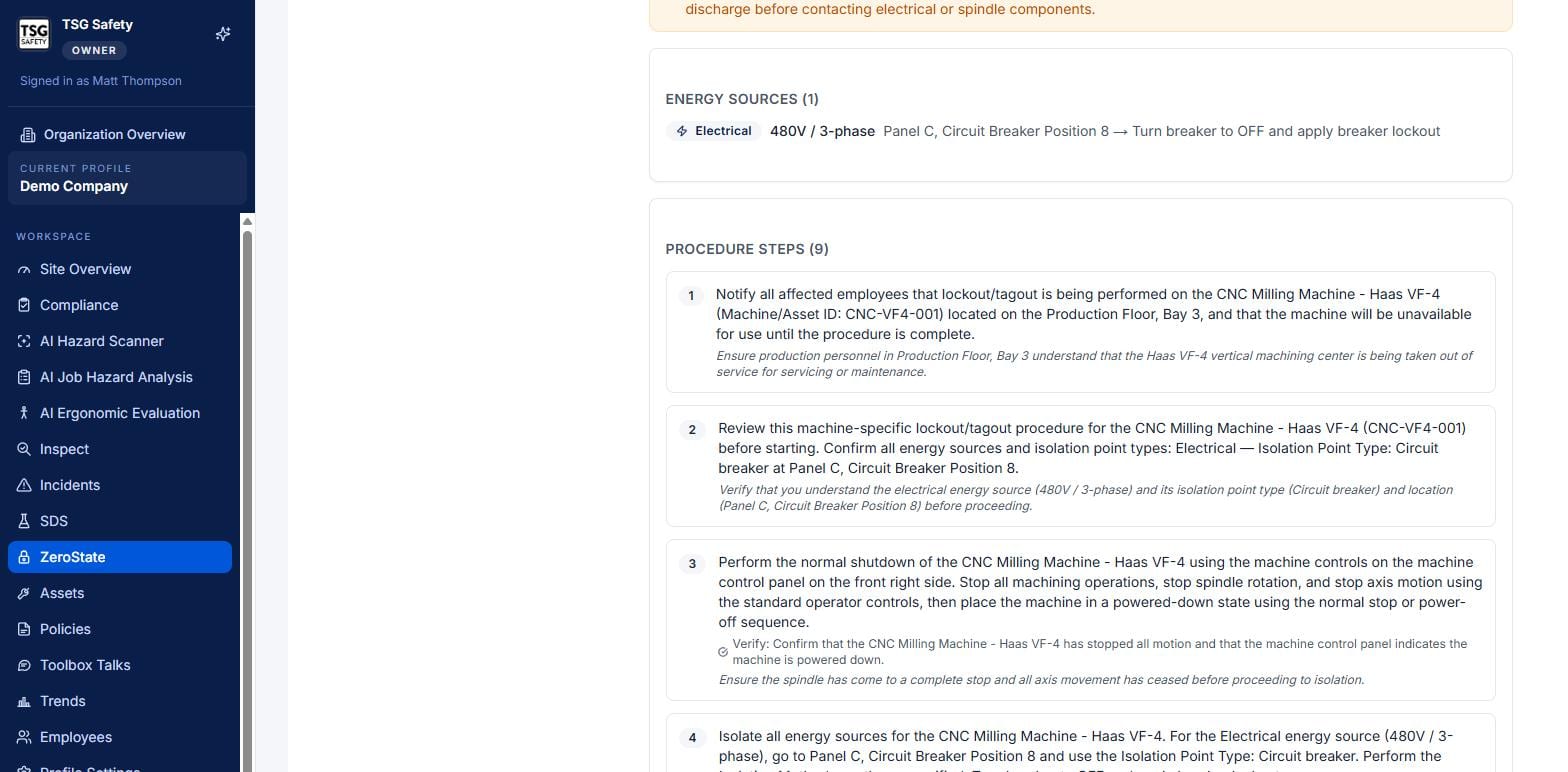 Energy sources and the numbered lockout procedure steps with verify notes