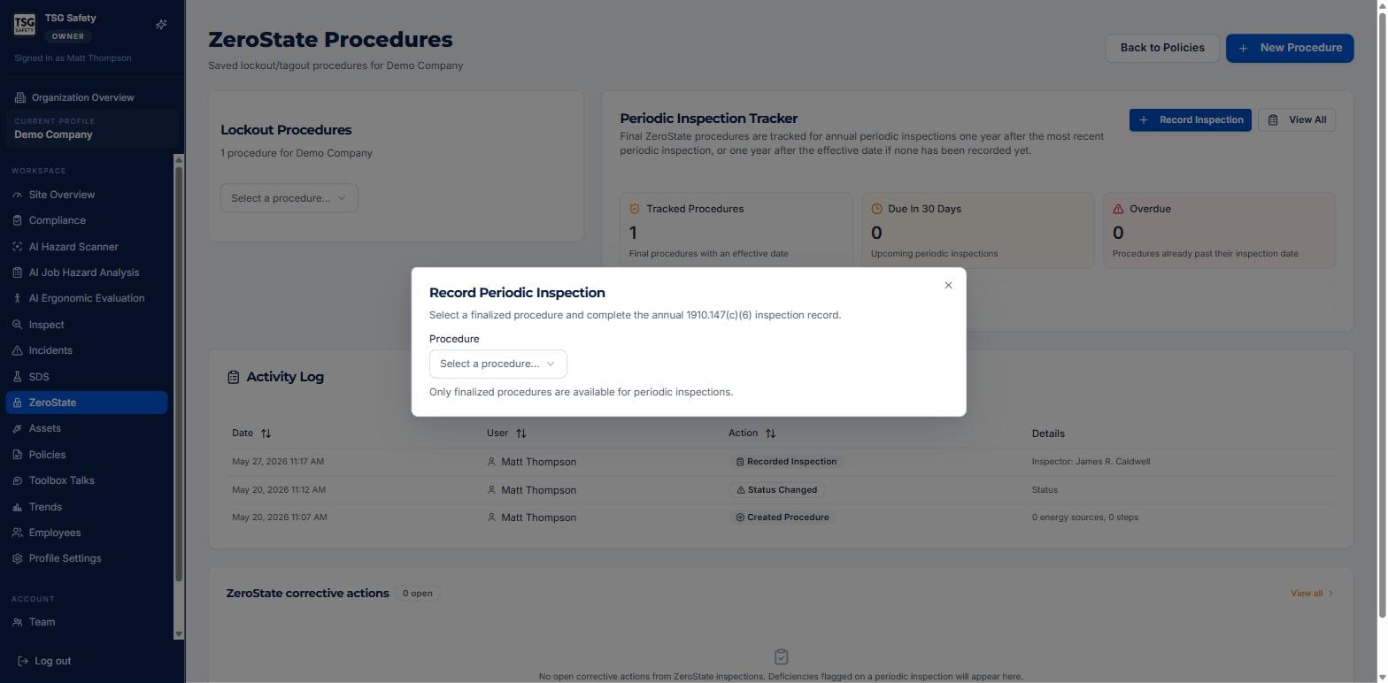 Record Periodic Inspection dialog asking to select a finalized procedure